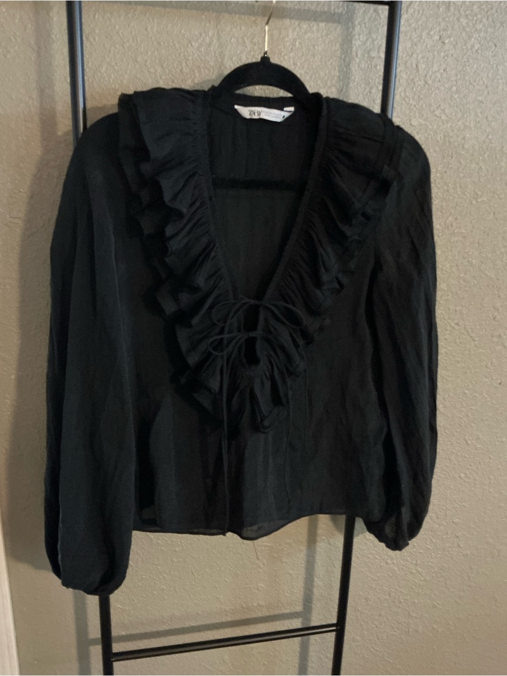 Zara Black Ruffle Tie-Front Blouse